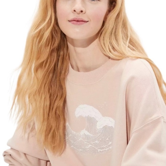 American Eagle Graphic Ocean Crew Neck Oversized Sweater Peach Cream Size S - Picture 2 of 13